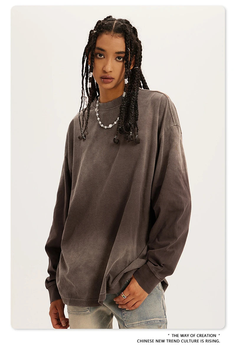 ZODF Retro Monkey Washed 260gsm Cotton T-Shirt For Men Unisex High Street Loose Full Sleeve T Shirt Brand Streetwear HY0406