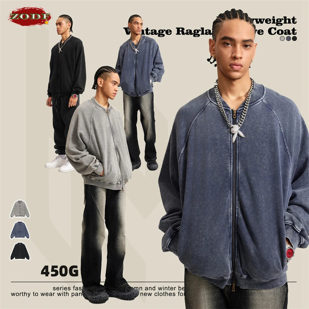 ZODF New Winter Washed Double Zipper Jackets For Men Unisex Loose Heavy Weight 450gsm Raglan Sleeve Cotton Coats HY0654