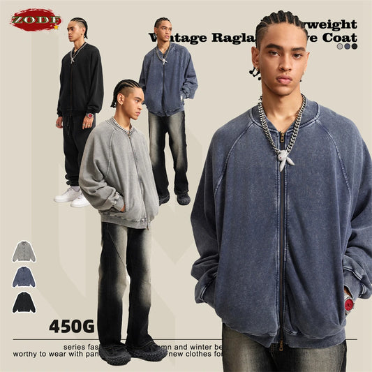 ZODF New Winter Washed Double Zipper Jackets For Men Unisex Loose Heavy Weight 450gsm Raglan Sleeve Cotton Coats HY0654