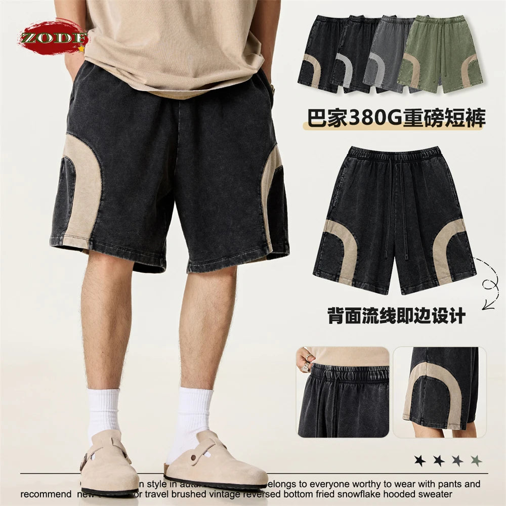 ZODF 2025 Summer Patchwork Washed Cotton Shorts For Men Unisex Retro Y2K High Street Distressed 330gsm Shorts Streetwears HY1057
