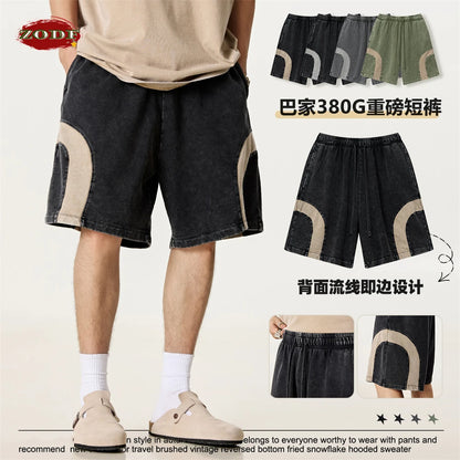 ZODF 2025 Summer Patchwork Washed Cotton Shorts For Men Unisex Retro Y2K High Street Distressed 330gsm Shorts Streetwears HY1057