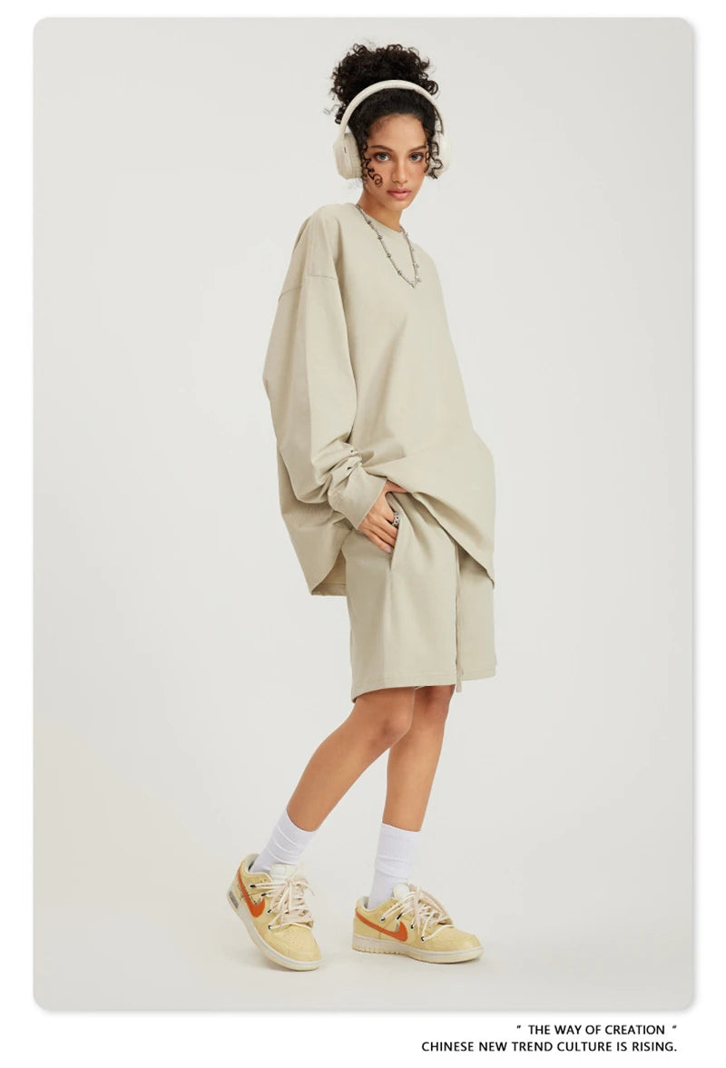 ZODF NEW Autumn Men's Solid Full Sleeve T Shirts Unisex Loose Oversized Casual 305GSM Cotton Basic T-Shirt Brand TEE HY0209