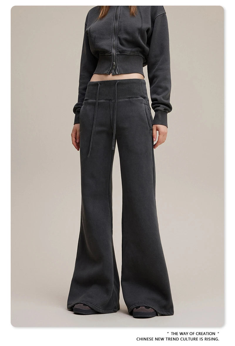 ZODF Retro Winter Women 400gsm Fleece Flared Pants Casual Girls Female Slim Fit Warm Washed Distressed Trousers HY1142
