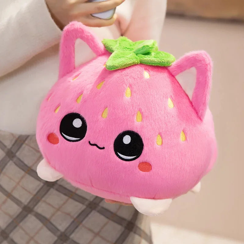 Kawaii Strawberry Cat Plush Toy Cute Pink Cat Stuffed Animal Cuddly Doll Soft Cartoon Plushies Birthday Gift for Girl Home Decor