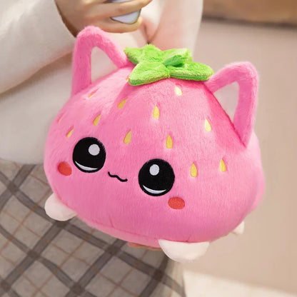 Kawaii Strawberry Cat Plush Toy Cute Pink Cat Stuffed Animal Cuddly Doll Soft Cartoon Plushies Birthday Gift for Girl Home Decor