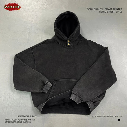 ZODF Retro Winter Washed 370gsm Man's Fleece Hoodie Unisex Distressed Thick Warm Buttons Hooded Pullovers Coats HY1169