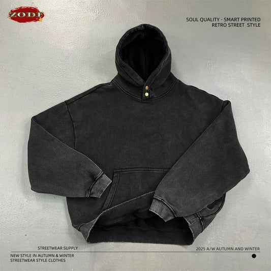 ZODF Retro Winter Washed 370gsm Man's Fleece Hoodie Unisex Distressed Thick Warm Buttons Hooded Pullovers Coats HY1169