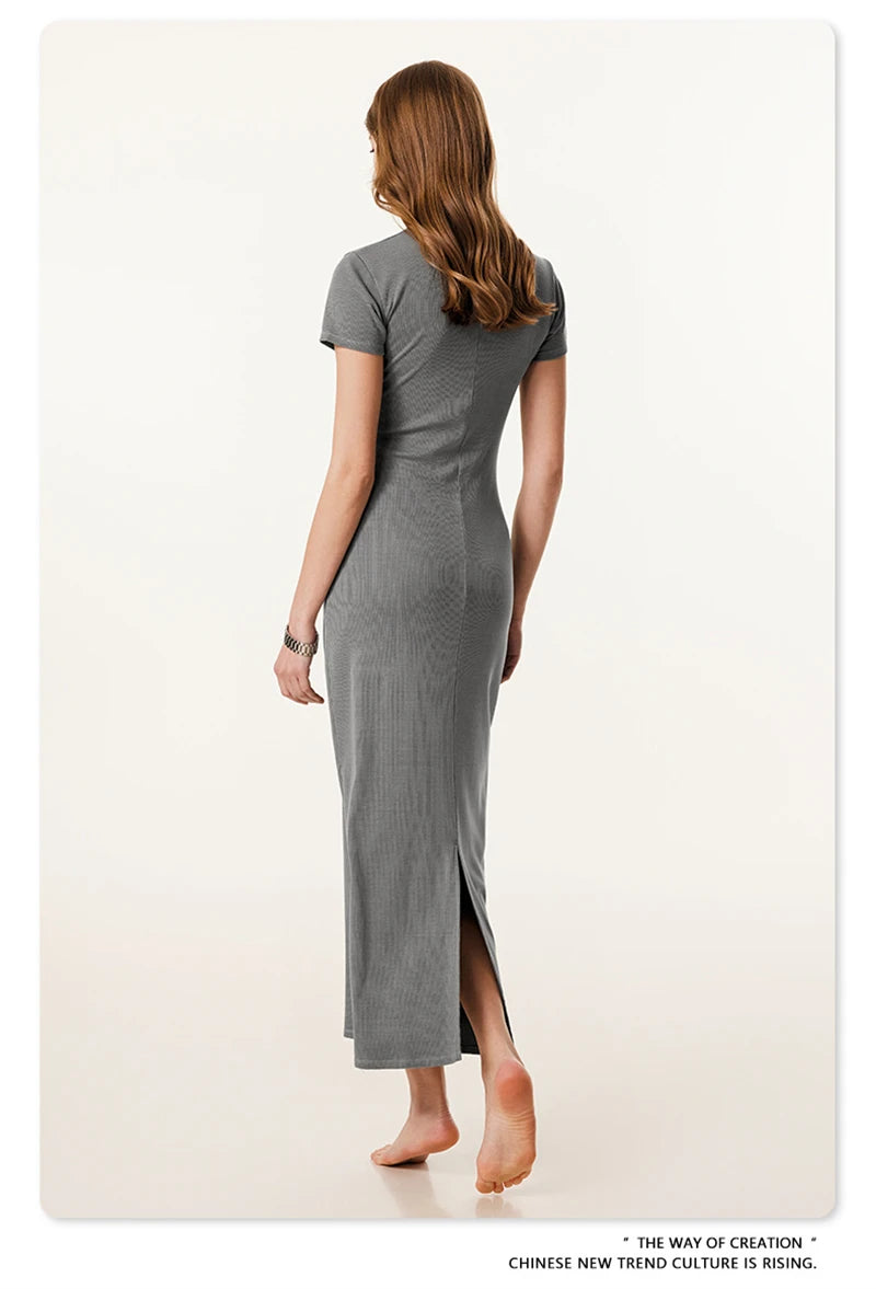 ZODF Sexy 2025 Spring Women 275gsm Long Dress Female Girls O Neck Washed Distressed Slim Slit Fit Dresses HY1008