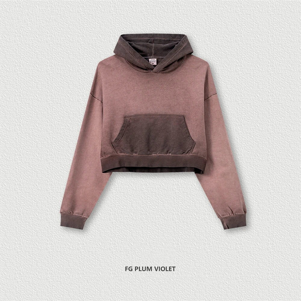 ZODF New Autumn Women Washed Crop Hoodies Female Girls Solid 380gsm Cotton Short Hooded Coats Streetwears HY0942