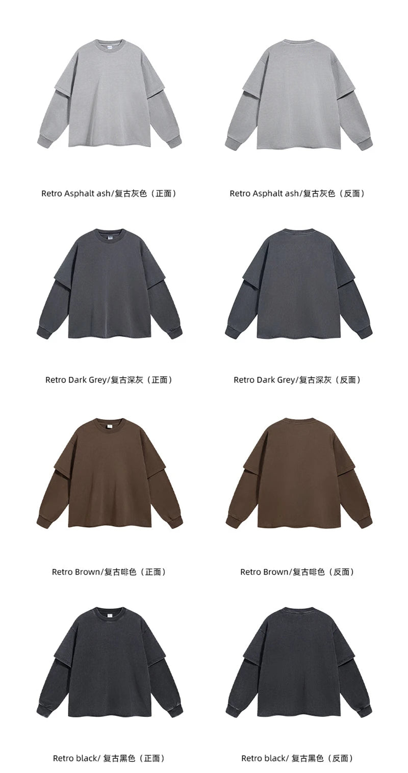 ZODF Retro Autumn Men Washed Cotton T-Shirts Unisex Loose Edge Fake 2-Piece 345gsm Full Sleeve O Neck T Shirt Brand Tops HY0928