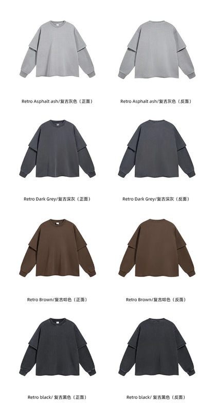 ZODF Retro Autumn Men Washed Cotton T-Shirts Unisex Loose Edge Fake 2-Piece 345gsm Full Sleeve O Neck T Shirt Brand Tops HY0928