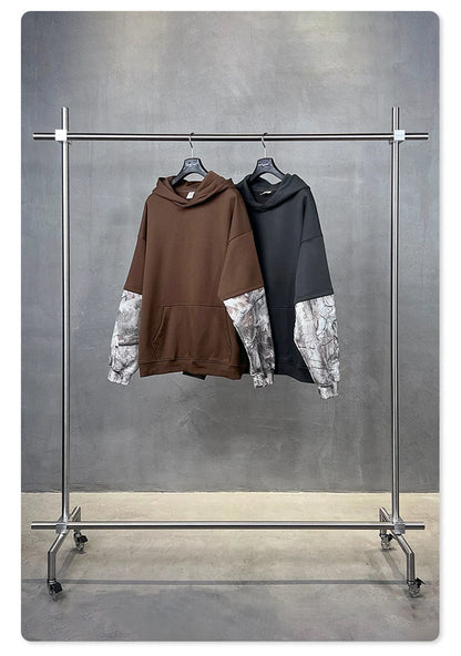 ZODF Fashion Winter Fake 2-Piece 340gsm Fleece Hoodies For Men Unisex High Street Camouflage Sleeve Hooded Pullovers HY1153