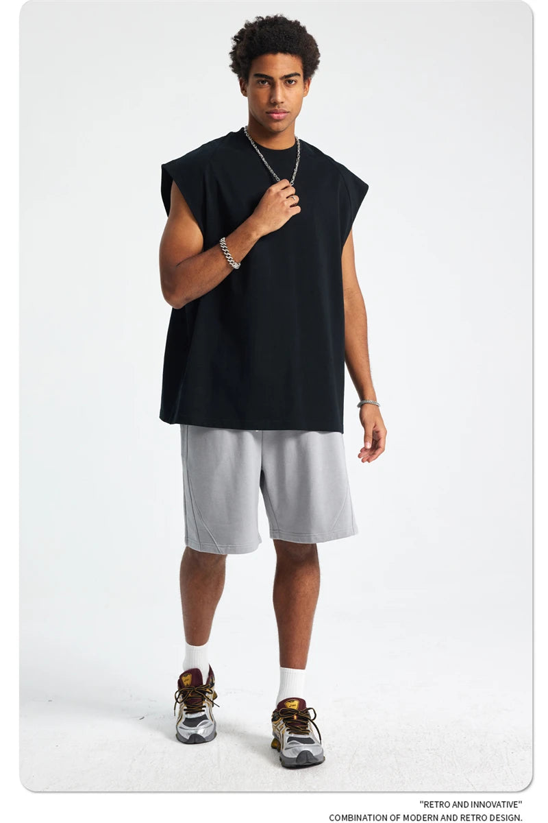 ZODF Trendy Men Summer Solid Cotton Tank Tops Unisex Oversized 275gsm Patchwork Sleeveless Tees Vests HY1051