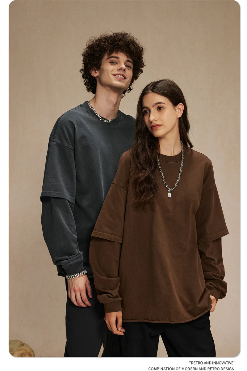 ZODF Retro Autumn Men Washed Cotton T-Shirts Unisex Loose Edge Fake 2-Piece 345gsm Full Sleeve O Neck T Shirt Brand Tops HY0928