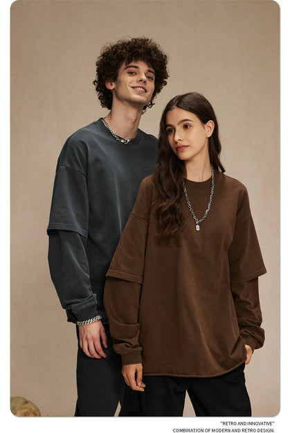 ZODF Retro Autumn Men Washed Cotton T-Shirts Unisex Loose Edge Fake 2-Piece 345gsm Full Sleeve O Neck T Shirt Brand Tops HY0928