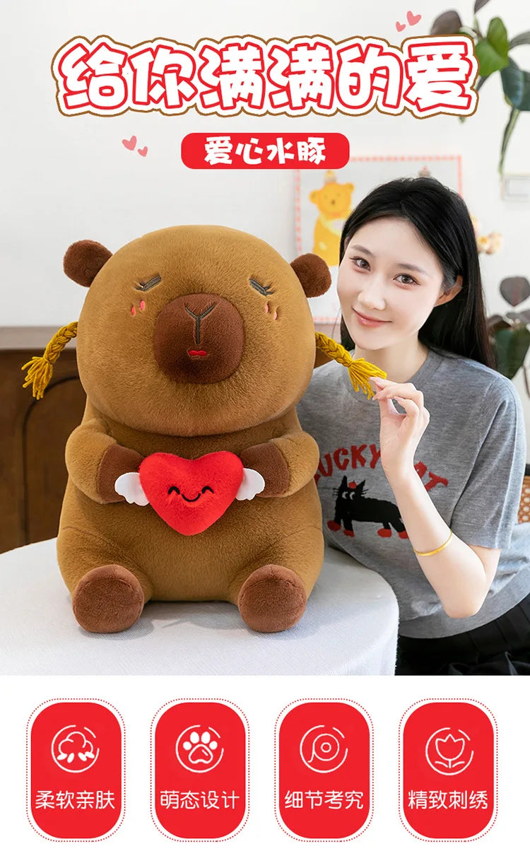 Capybara Plush Toy Cute Ugly Charming Love Heart Hair Braid Pillow Stuffed Animal Kids Birthday Christmas Gift for Children