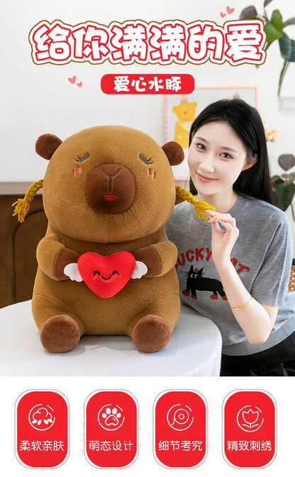 Capybara Plush Toy Cute Ugly Charming Love Heart Hair Braid Pillow Stuffed Animal Kids Birthday Christmas Gift for Children