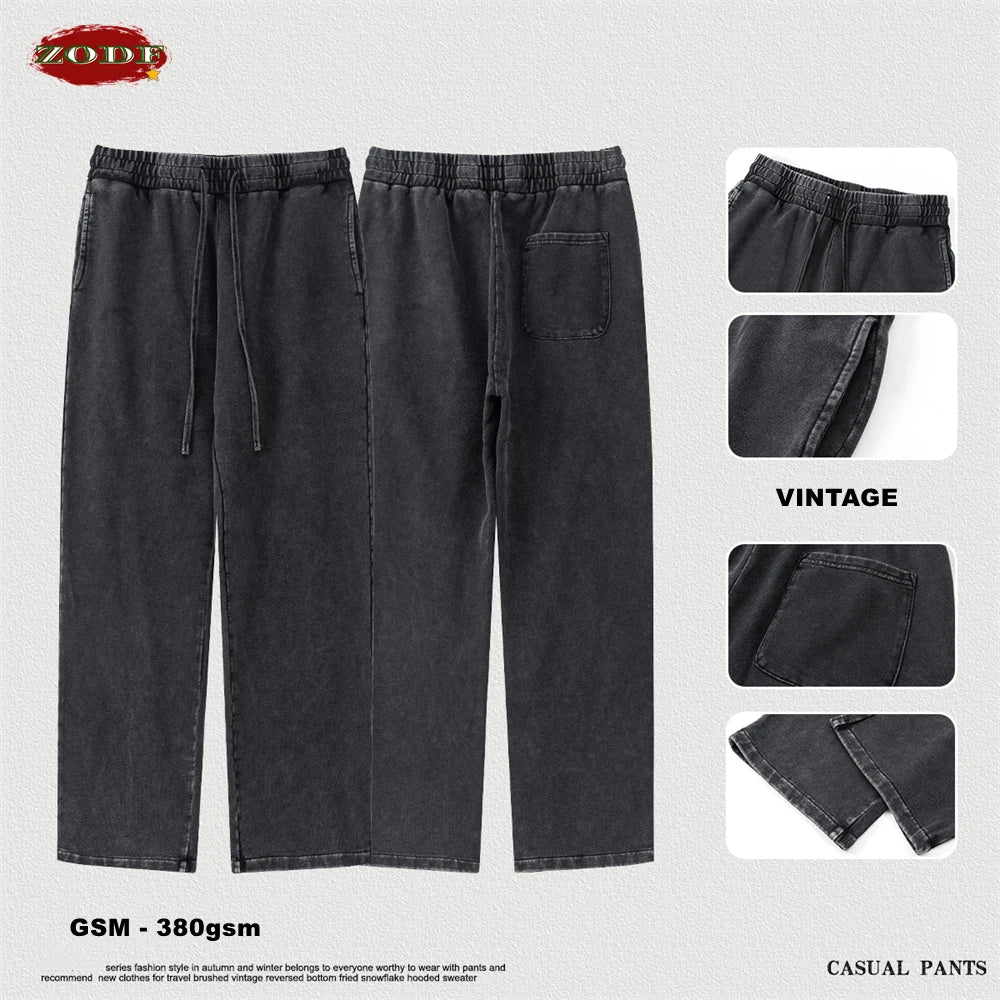 ZODF Retro Men Autumn Washed 380gsm Cotton Unisex High Street Oversized Solid Sport Straight Pants HY0885