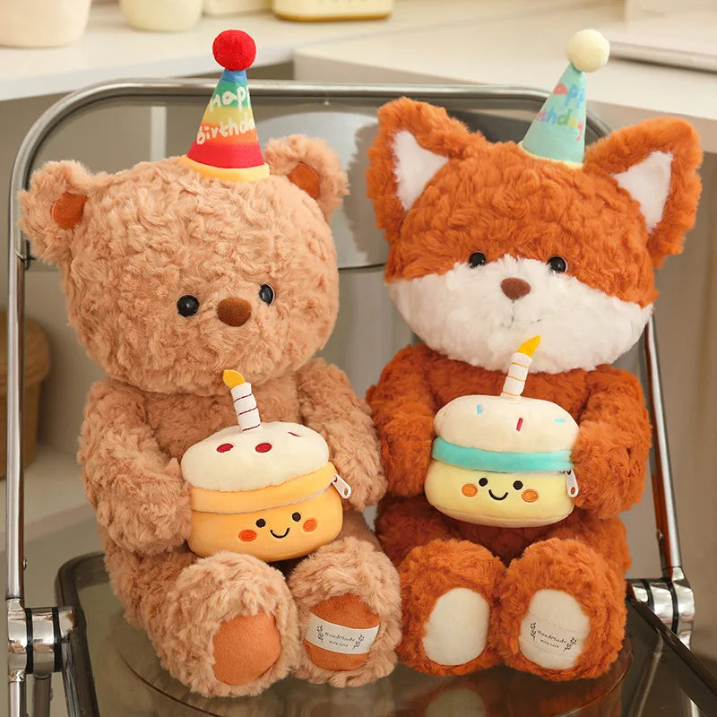 High Quality Birthday Gift Plush Toy Soft Cute Bear Fox Doll with Cake Decor Proposal Suprise Gift For GirlFriend