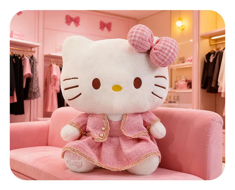 Sanrio Plush Cat Stuffed Animal Doll Large Checkered Skirt Kawaii Pillow Toy for Kids Birthday Christmas Gift for Girls Bedtime