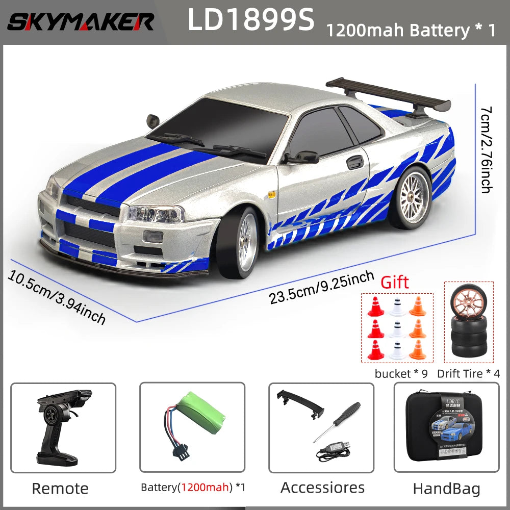 Skymaker LDRC 1/18 RC Drift Car LD1899 GTR Mode R34 2.4GHz RWD with Gyroscope on-Road Alloy Body Shell Racing Car for Boys Gifts