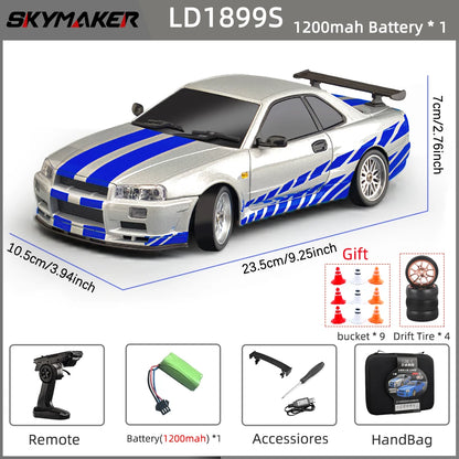 Skymaker LDRC 1/18 RC Drift Car LD1899 GTR Mode R34 2.4GHz RWD with Gyroscope on-Road Alloy Body Shell Racing Car for Boys Gifts