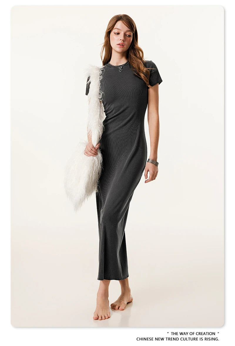 ZODF Sexy 2025 Spring Women 275gsm Long Dress Female Girls O Neck Washed Distressed Slim Slit Fit Dresses HY1008