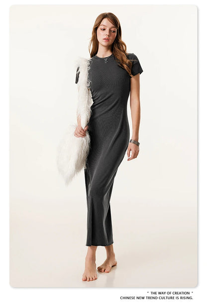 ZODF Sexy 2025 Spring Women 275gsm Long Dress Female Girls O Neck Washed Distressed Slim Slit Fit Dresses HY1008