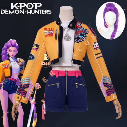 Anime Movie KPop Demon Hunters Rumi Cosplay Costume Yellow Jacket Huntrix Uniform Earrings Halloween Party for Women Girls Props