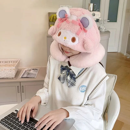 Lovely My Melody U-shaped Hooded Pillow Kawaii Japanese Style Blackout Travel Pillow Office Cartoon Nap Pillow Pink Girl