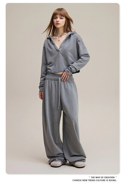 ZODF Retro Women Washed 370gsm Straight Pants Vintage Girls Female Loose Double Waist Wide Leg Cotton Trousers HY1150