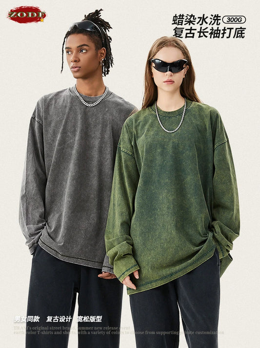 ZODF Retro Autumn Men Washed 300gsm Cotton T-Shirt Vintage Unisex Oversized Long Sleeve O-Neck T Shirt Tees Brand Tops HY0963