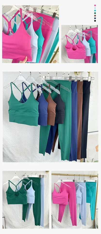 2 Piece Yoga Set Sportswear Fitness Suit with Sexy Cross Back Top and High Waist Elastic Leggings for Running Workout
