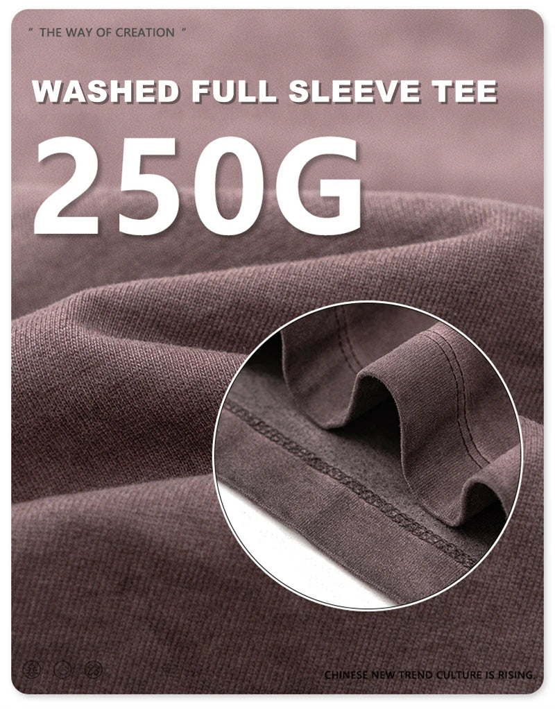 ZODF 2024 Autumn Men's Washed Cotton T-Shirt Unisex Oversized Distressed 250gsm Long Sleeve O Neck T Shirts Tees HY0921