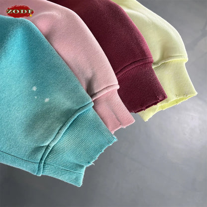ZODF Trendy Men Washed 360gsm Fleece Hoodies Unisex Oversized Warm Paint Distressed Hooded Pullovers Winter Coat HY0947