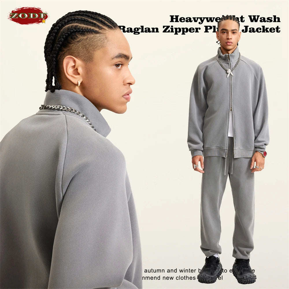 ZODF Retro Winter Men Washed Fleece Zipper Jackets Unisex Loose Oversized 400gsm Raglan Sleeve Coats Streetwears HY0649