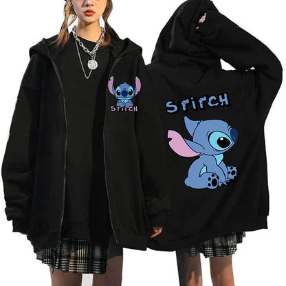 Women's Oversized Zipper Hoodie MINISO Luxury Brand Disney Lilo and Stitch Couple Hooded Sweatshirt Autumn and Winter Warm Jacke