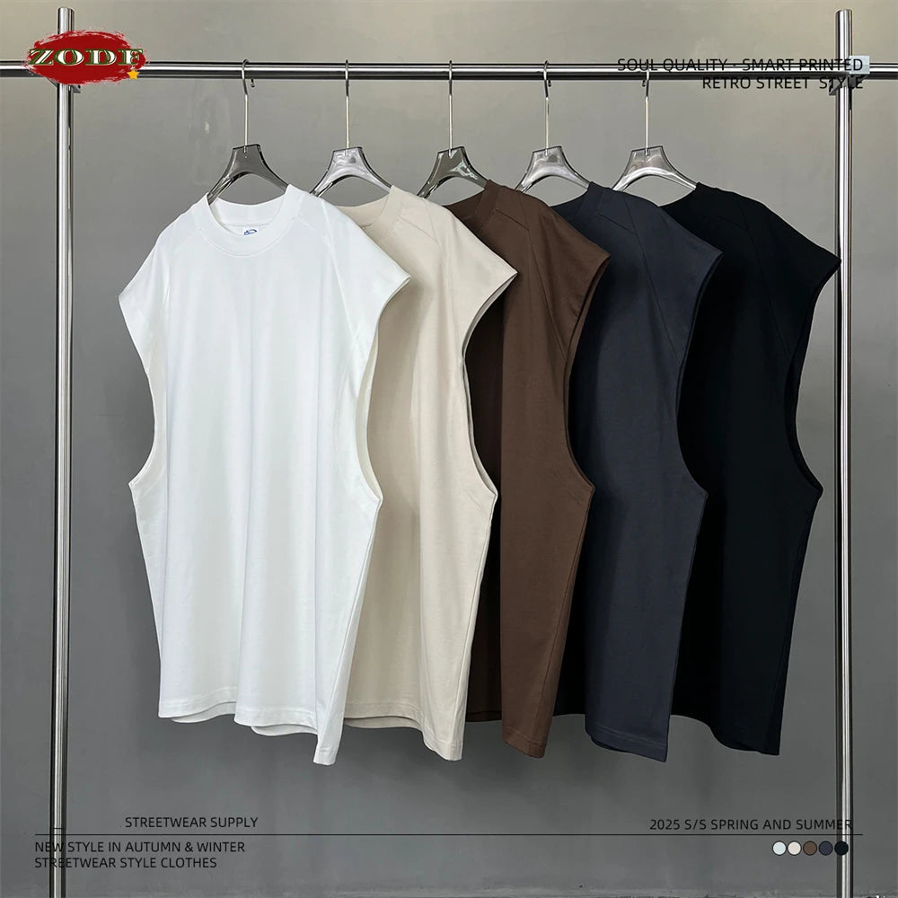 ZODF Trendy Men Summer Solid Cotton Tank Tops Unisex Oversized 275gsm Patchwork Sleeveless Tees Vests HY1051
