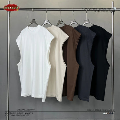 ZODF Trendy Men Summer Solid Cotton Tank Tops Unisex Oversized 275gsm Patchwork Sleeveless Tees Vests HY1051