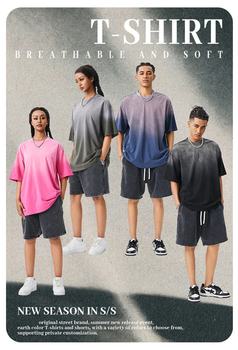 ZODF New Men's Summer Washed Gradient Cotton T-Shirts Unisex Women Retro Distressed 310gsm Ripped T Shirt Brand Tops HY0859