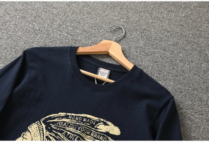 Autumn New American Retro Long Sleeve O-neck Indian Printed T-shirt Men's Fashion 100% Cotton Washed Casual Bottoming Tops