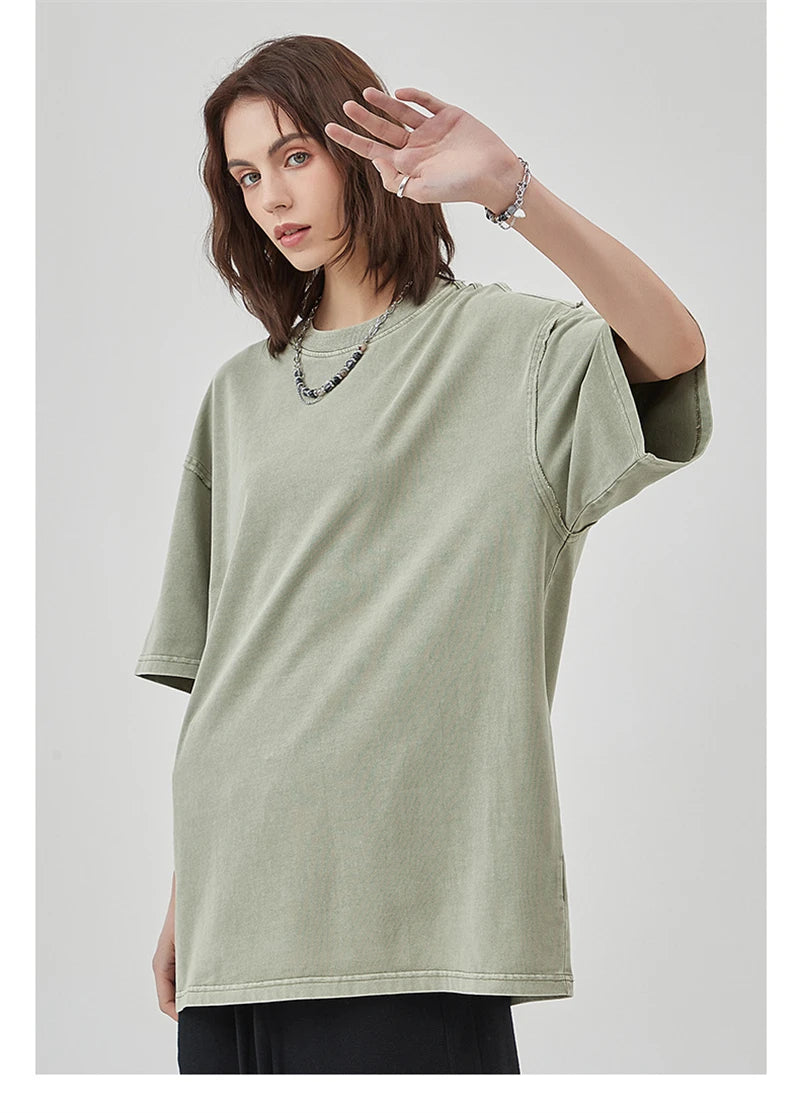 ZODF New Spring Summer Washed Cotton Solid T Shirts For Men Unisex High Street Loose Edge Oversized Noshrink T-Shirt Tee HY0465