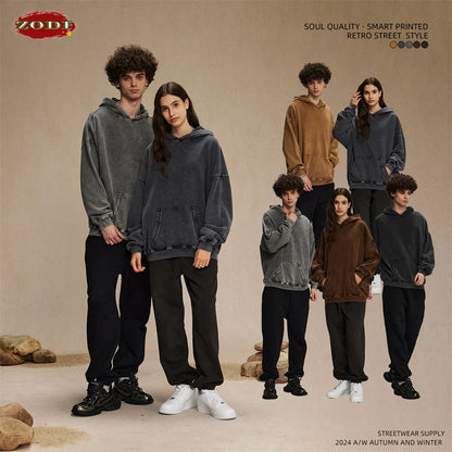 ZODF Vintage Batik Washed 420gsm Cotton Hoodies For Men Unisex Heavyweight Loose Hip Hop Hooded Sweatshirts Pullovers HY0696