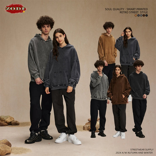 ZODF Vintage Batik Washed 420gsm Cotton Hoodies For Men Unisex Heavyweight Loose Hip Hop Hooded Sweatshirts Pullovers HY0696