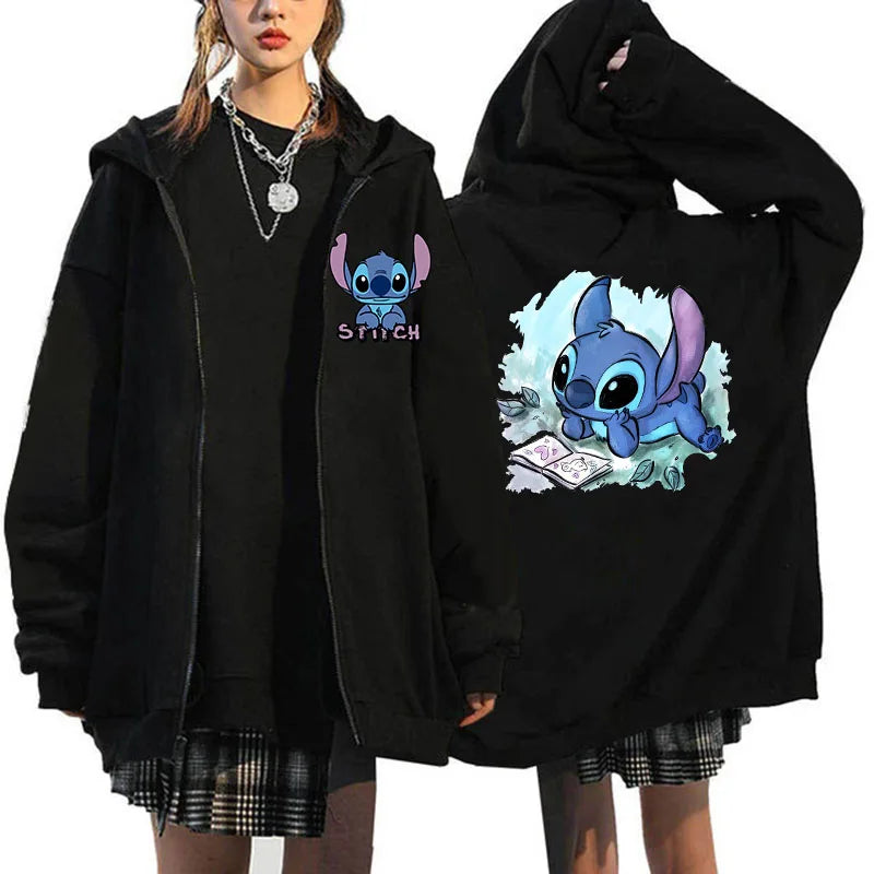 Women's Oversized Zipper Hoodie MINISO Luxury Brand Disney Lilo and Stitch Couple Hooded Sweatshirt Autumn and Winter Warm Jacke