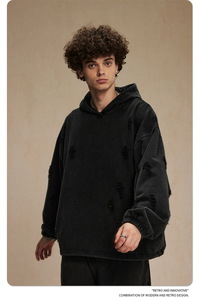 ZODF Vintage Winter Men Distressed 450gsm Hoodies Unisex High Street Ripped Holes Elastic Hem Hooded Pullovers Coat HY0932