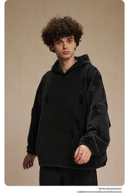 ZODF Vintage Winter Men Distressed 450gsm Hoodies Unisex High Street Ripped Holes Elastic Hem Hooded Pullovers Coat HY0932