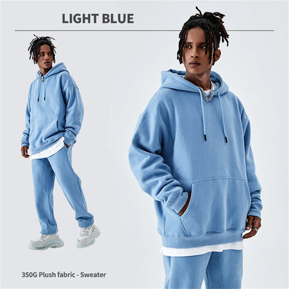 ZODF Casual Winter Men 350gsm Fleece Hoodie Unisex Loose Warm Solid Hooded Sweatshirt Pullover 18 Colors HY0728 - Blue
