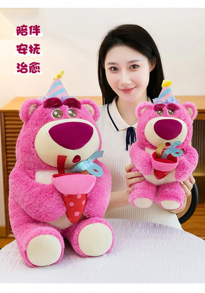 Disney Plush Strawberry Bear Doll with Birthday Hat Cute Stuffed Animal for Kids Birthday Xmas Gift Perfect Toy for Children And