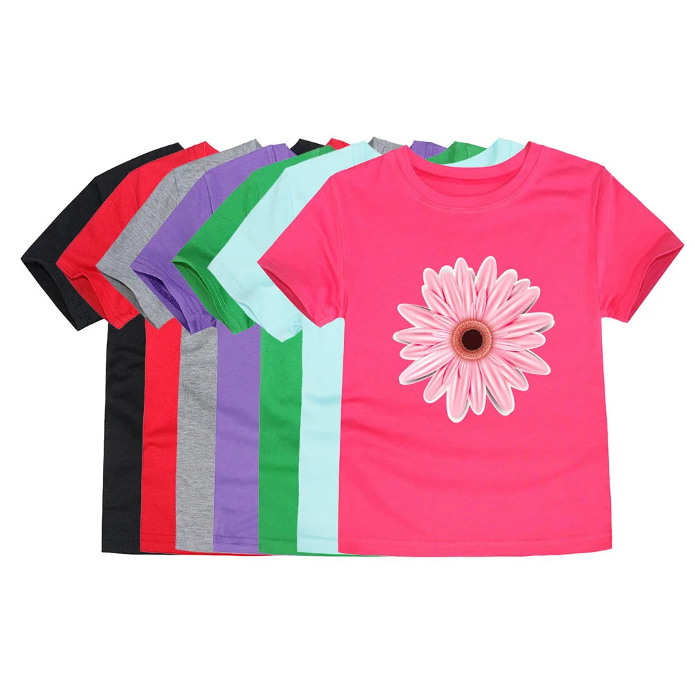 2024 New Kids Girls T-shirt Teen 100% Cotton Flower Butterfly Tshirt Green White Korean Summer Tops Clothing 2 4 6 8 10 12 Years